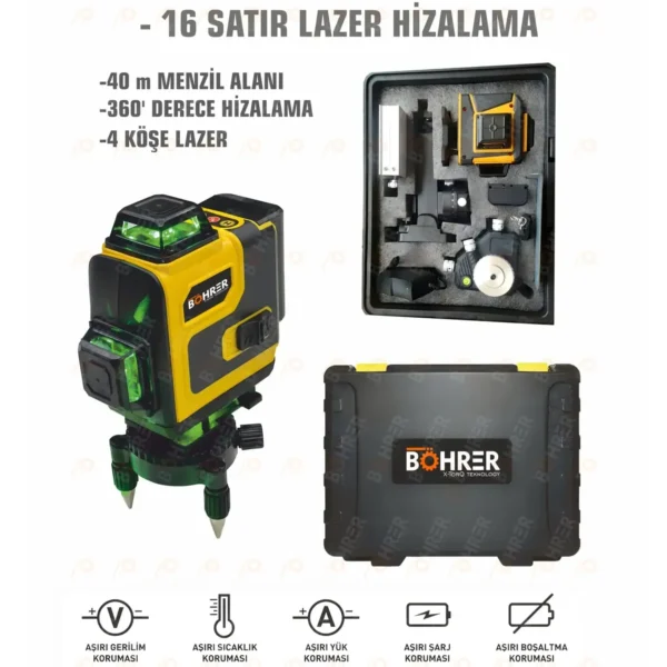 BÖHRER Profesyonel 2x Li-on Batarya 4x360 16 Satır Otomatik Hizalama Çapraz Çizgi Lazer + Kumanda