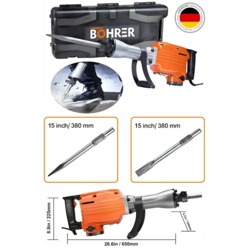 BÖHRER 2200w Elektrikli 65mm Kırıcı Hilti Ağır Hizmet Tipi Beton Kırıcı 2 Adet Keski Yontma Metal Çanta