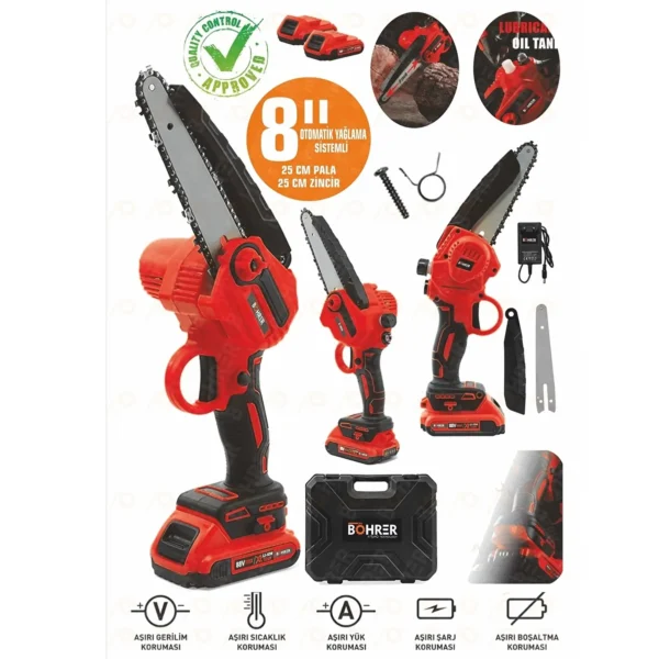 BÖHRER Dxr869 Akülü Red 88vf Kömürsüz Motor 8 Kama 25 Cm Zincir Odun Kesme-dal Budama Testere Makinesi