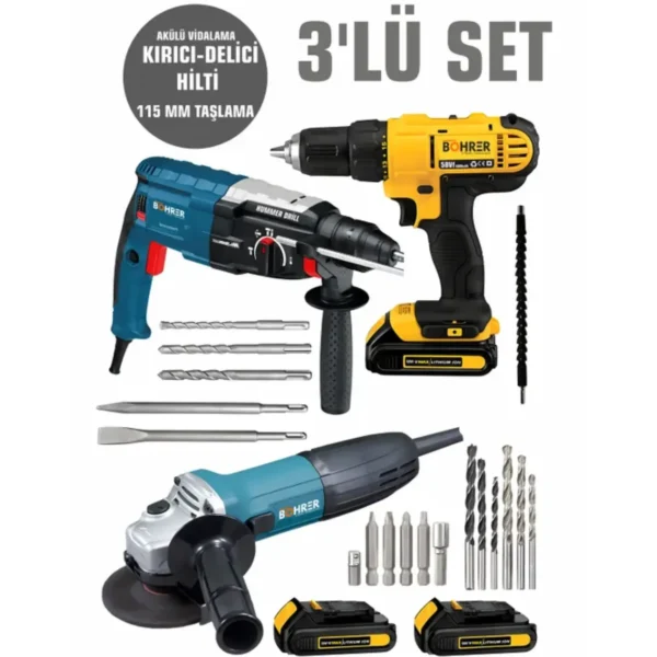 BÖHRER Süper 3'lü Set 2100 W Taşlama + 2450 W Kırıcı Delici Hilti + 58 Vf Setli Akülü Vidalama